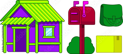 Foto Vector Illustration Set of Post Office House, Mailbox, Delivery Box, and Postman