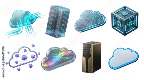 Set of digital technology icons featuring cloud computing, server racks, data centers, and network infrastructure elements isolated on transparent background