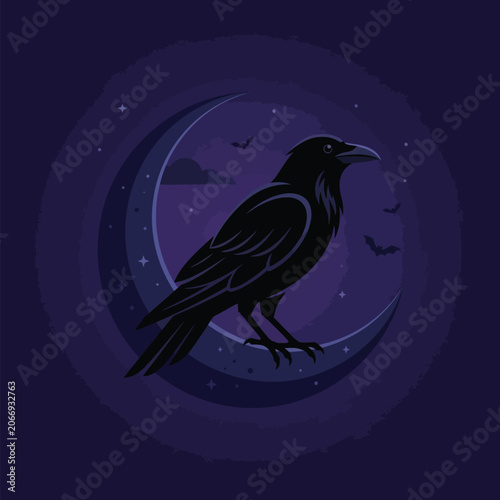 Raven perched on a crescent moon at night with bats and stars