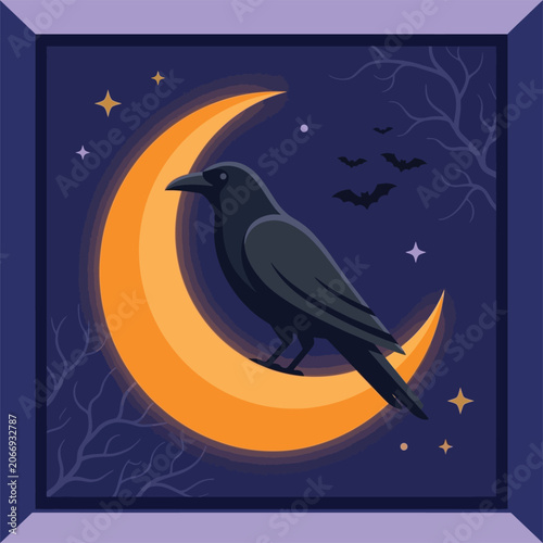 A raven perched on a crescent moon at night