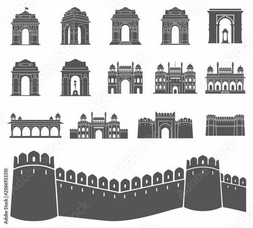 India Monument Silhouette Vector Set, Indian Fort & Gateway Icons Pack, Delhi Landmark Vector Collection, Indian Heritage Monument Icons