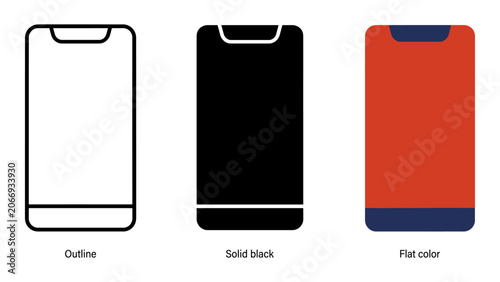 Foto Set of three smartphone icons with notch design in outline, solid black, and fla