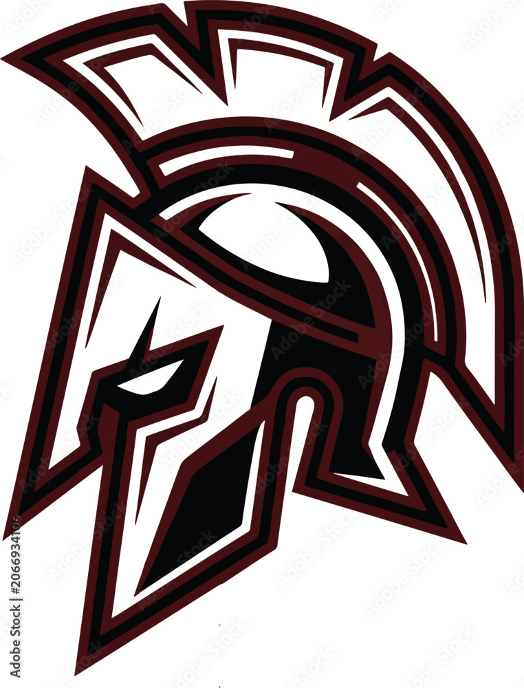 Obraz premium Spartan helmet logo vector illustration, maroon and black ancient greek warrior mascot icon for esports or sports team branding, isolated on white background.
