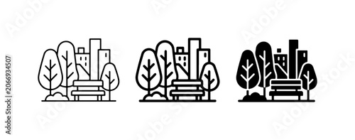 Foto Urban Park Icons, City Green Space, Bench, Trees, Buildings, Vector Set