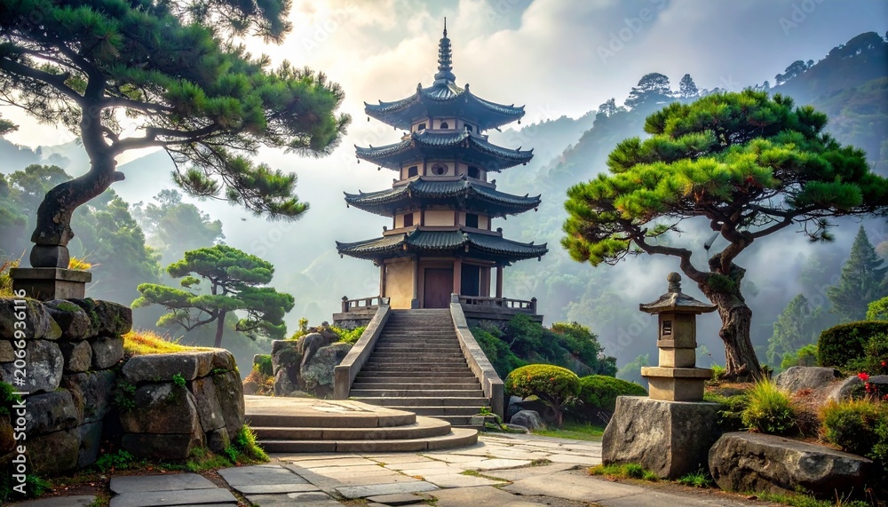 Fototapeta premium Pagoda Tower in Misty Mountain Garden with Stone Steps at Sunrise