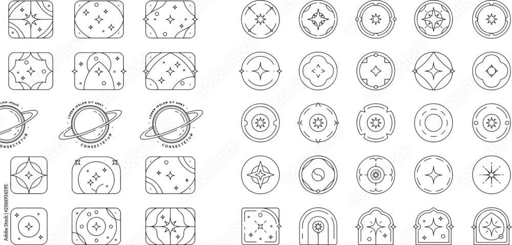 Obraz premium Space stars and celestial decorative frames circular patterns geometric cosmic badges design collection. Vector illustration