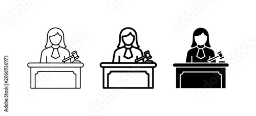 Schilderij op canvas Judge Icons Set: Female Jurist, Gavel, Courtroom Desk, Legal Justice Symbols, La