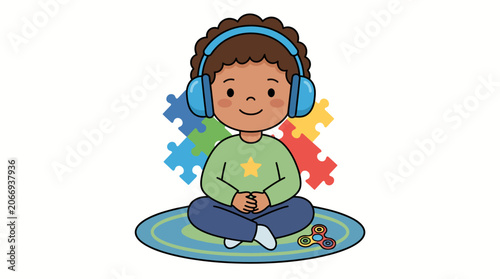 A cute cartoon child sitting on a rug wearing headphones with puzzle pieces in the background.