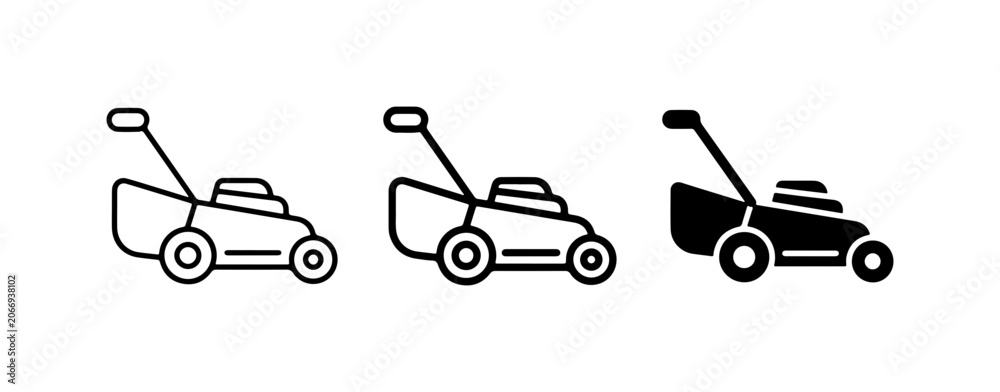 Fototapeta premium Lawn Mower Icons, Garden Equipment Vector Set, Lawn Care Machine Graphics