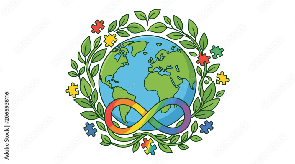 Naklejka premium Earth globe surrounded by green leaves and colorful infinity symbol with puzzle pieces.