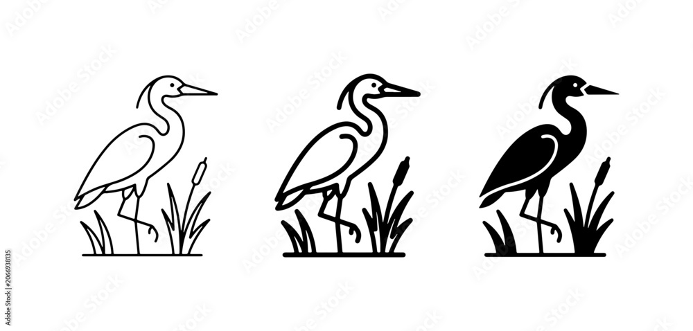 Obraz premium Heron Bird Icons, Minimalist Line Art and Silhouette Styles, Wetland Wildlife Graphics