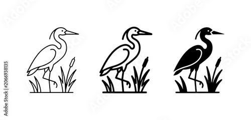 Foto Heron Bird Icons, Minimalist Line Art and Silhouette Styles, Wetland Wildlife Gr