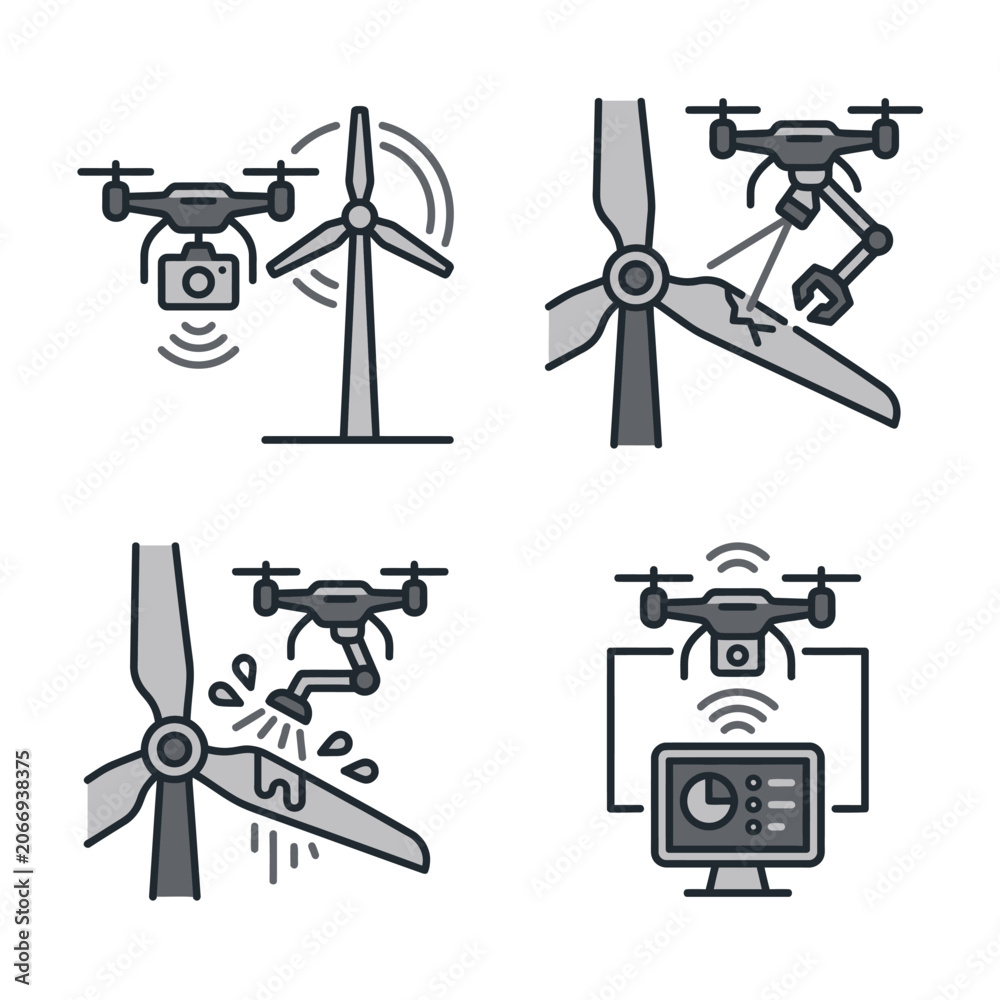 Fototapeta premium Drone Inspecting Wind Turbine Blades Illustration.