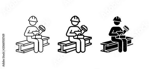 Construction Worker Icon Set, Builder Sitting on Steel Beam, Hammering Tool, Safety Helmet, Industry Icons