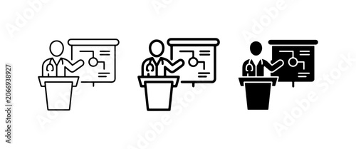 Presentation Icon Set, Speaker at Podium, Flowchart Diagram, Medical Lecture, Business Meeting