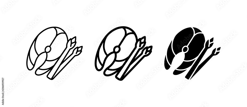 Fototapeta premium Salmon Steak and Asparagus Icons, Healthy Food Vector Graphics, Seafood Meal Illustrations