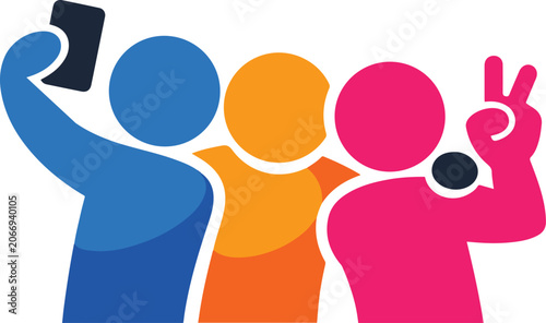 Group selfie icon with friends taking a photo on smartphone vector illustration