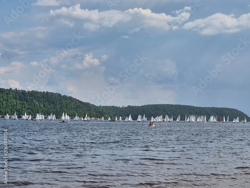 sailing regatta on a mountain lake.