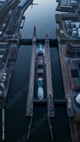 Aerial view of a cargo ship navigating through a lock system, river