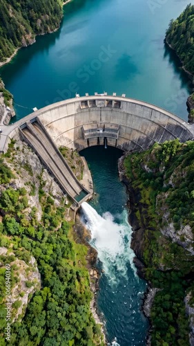 Aerial view of a hydroelectric dam with flowing water and green