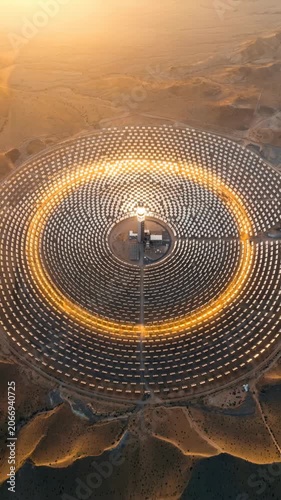 Aerial view of concentrated solar power plant mirrors reflecting