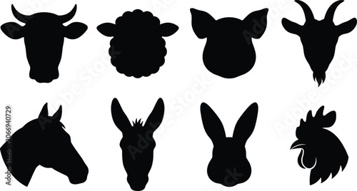 Bild auf Leinwand Farm Animal Head Silhouette Collection with Livestock and Domestic Animal Icons