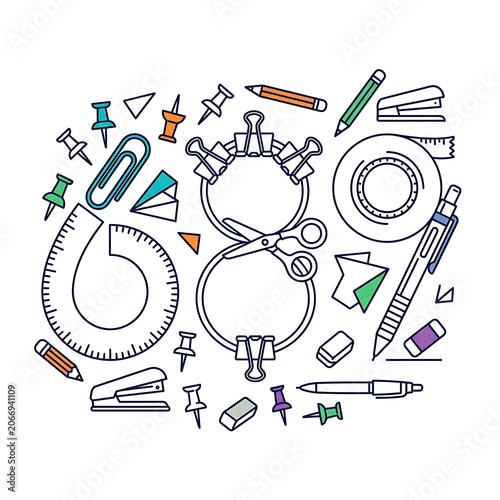 Colorful vector illustration of office supplies and tools.