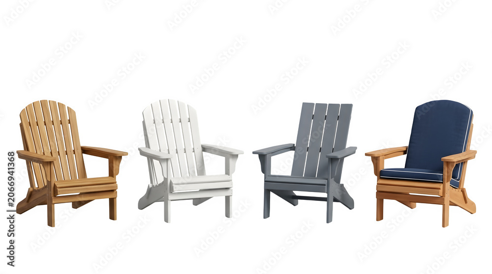 Fototapeta premium Set of four different adirondack chairs isolated on transparent background