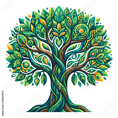 Vibrant green floral pattern with ornate leaves and flowers.
