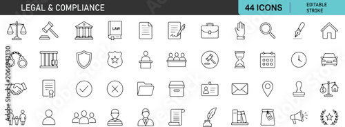 Schilderij op canvas Legal Line Icons Set with Justice Court Law Symbols Vector