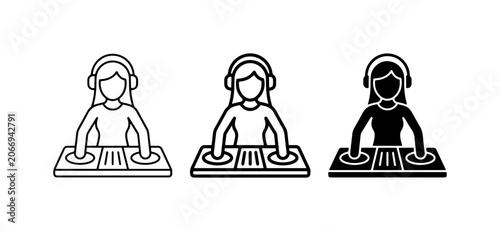 DJ Icon Set: Female Disc Jockey, Music Mixer, Headphones, Party Entertainment Icons