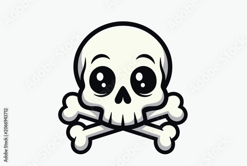 Cute and friendly cartoon skull with big shiny eyes and crossbones, fun pirate or halloween vector mascot.