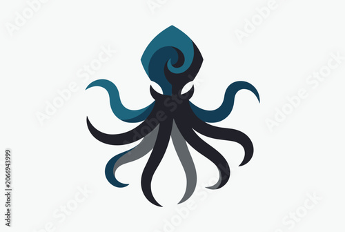 Stylized dark blue octopus mascot logo with swirling tentacles on a light grey background, marine symbol icon.