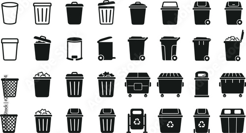 Foto Trash can icon set with garbage bin dumpster and recycling container silhouettes for waste management design vector