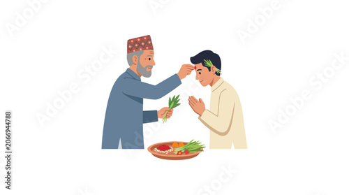 Elderly man applies tika to young man's forehead, cultural blessing