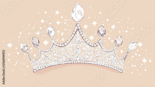 Detailed illustration of a jewel-encrusted crown with intricate filigree, sparkling gemstones, and a flowing almond-shaped central drip design