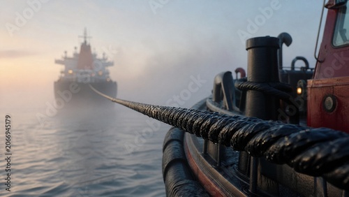 towline. A taut black towline connects a tugboat to a distant ship in morning mist. mobility guides, transit brochures, designed for mobility and urban transit guides, used by bi analysts.