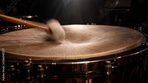 timpani. Timpani drumhead with blurred mallet impact and deep vibration. product launch decks, UI/UX mockups, designed for product launches and innovation pitches, clarifies data.
