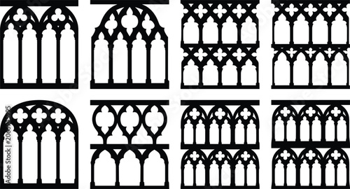 Foto Gothic tracery silhouettes, medieval window vector, cathedral arcade icons, poin