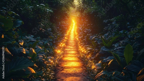 Magical forest path illuminated by glowing lights at sunset surrounded by lush greenery and dense jungle foliage