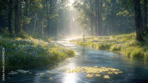 Sunlit forest stream with wildflowers and wooden cross in morning mist