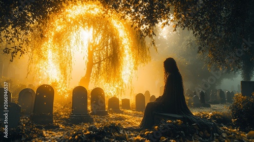 Mysterious woman in dark dress sits among tombstones in misty graveyard with glowing tree arch at sunrise