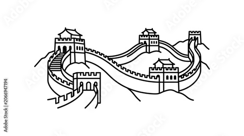 Simple Black Line Drawing Great Wall China.