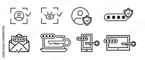 Collection of two factor authentication line icons including biometric verification, password protection, secure email access and multi device authentication symbols for UI design.