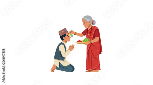 Elderly woman applying tika to young man's forehead, cultural tradition, blessing
