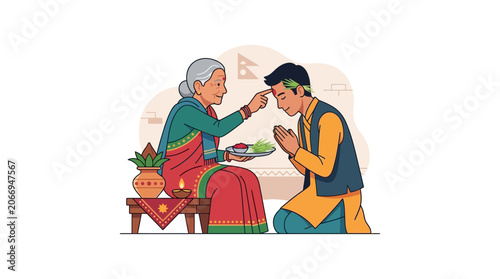Elderly woman applying tika to young man for Tihar festival