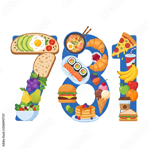 Colorful cartoon food items arranged in a row.