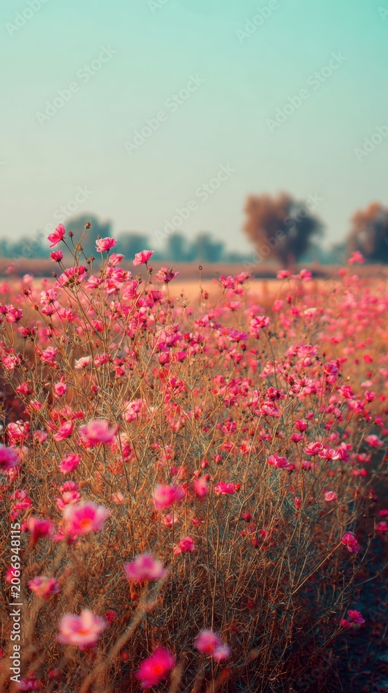 Obraz premium Vibrant wildflowers in serene landscape.