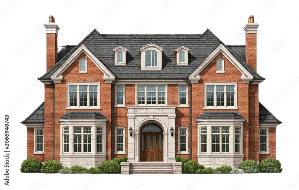 Naklejka premium PNG Elegant brick mansion with chimneys.