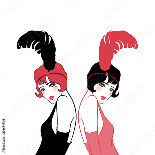 Vector illustration of a glamorous 1920s flapper girl in Art Deco style, with red feather and elegant silhouette. Perfect for vintage party invites, jazz events, themed weddings, or retro decor.